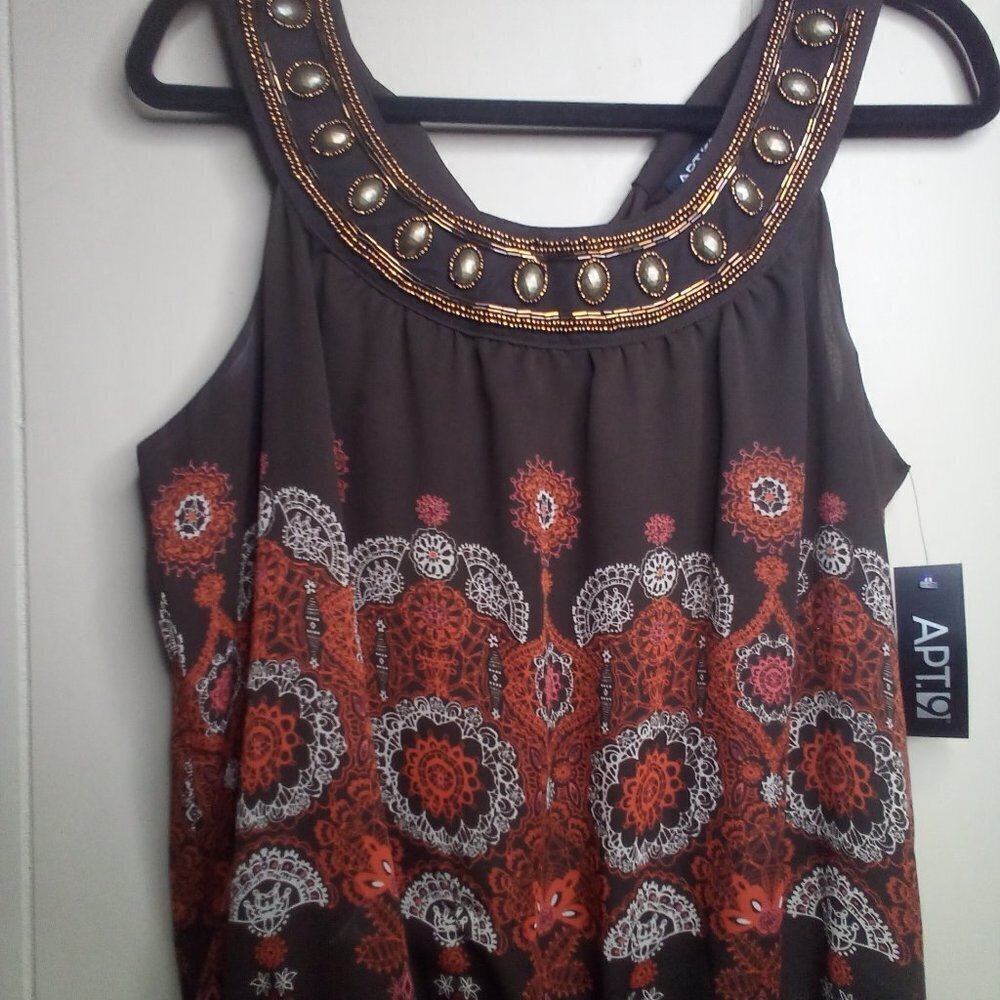Apt. 9 Blouse L Sleeveless Beaded Ruffle Brown Orange - Picture 10 of 14